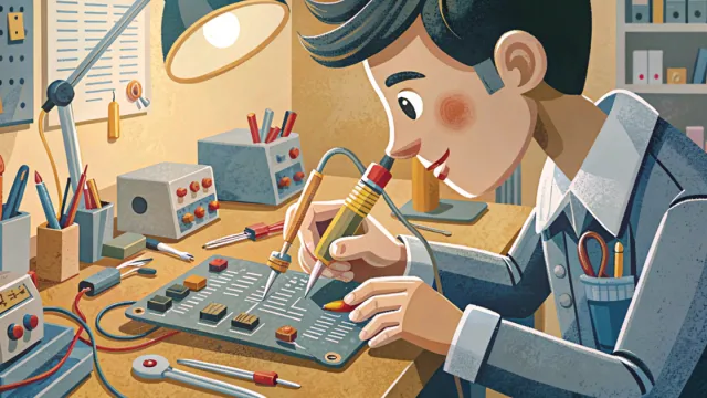 Tecnico ITS Academy salda componenti su un circuito elettronico in laboratorio