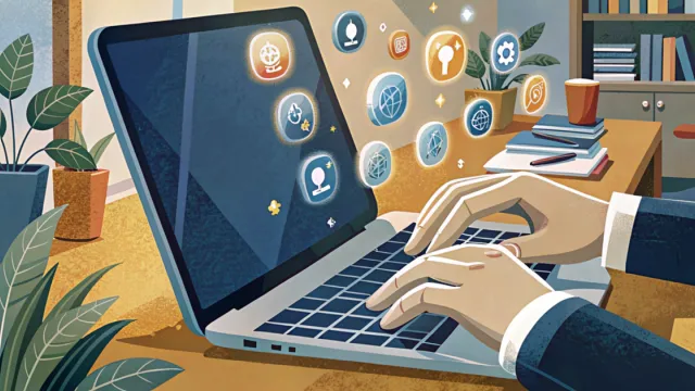 Mani che digitano su un laptop con icone luminose di competenze digitali in un ufficio moderno