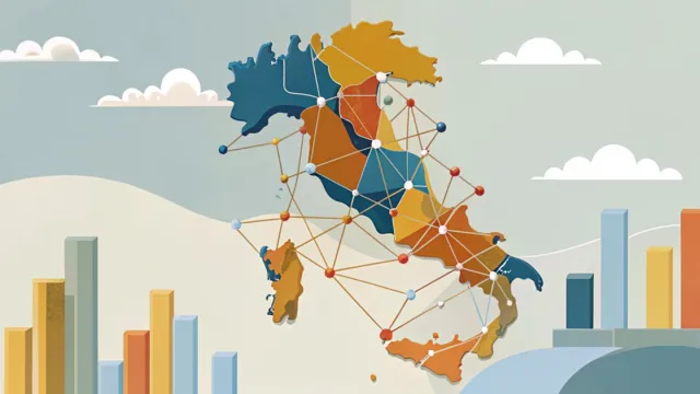 Mappa stilizzata dell'Italia con nodi e linee che collegano le regioni, illustrazione piatta