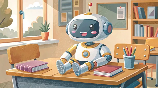 Robot educativo stilizzato su un banco di scuola in un'aula luminosa