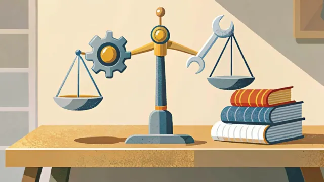 Bilancia stilizzata su una scrivania: da un lato ingranaggio e chiave, dall'altro una pila di libri