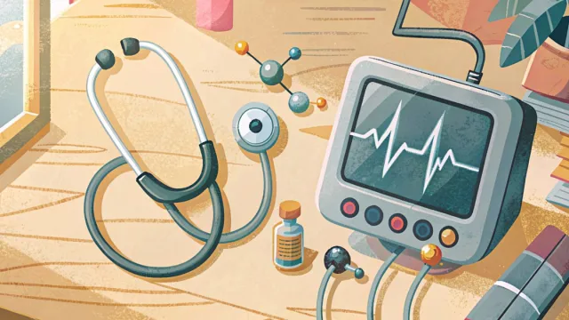 Stetoscopio e monitor con tracciato cardiaco su un tavolo di lavoro clinico, palette risografica