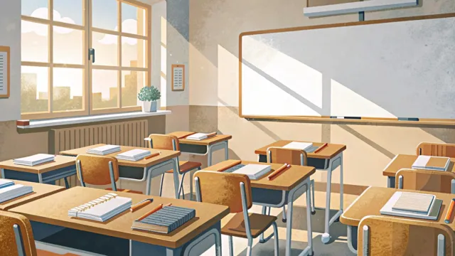 Aula luminosa al mattino con banchi ordinati e grande finestra in una scuola secondaria moderna
