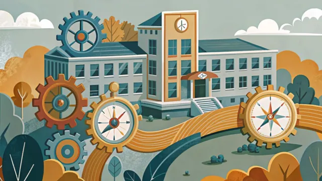 Illustrazione stilizzata di un edificio scolastico tecnico con ingranaggi e un percorso che si divide in due rami, a simboleggiare la riforma degli istituti tecnici 2026/27