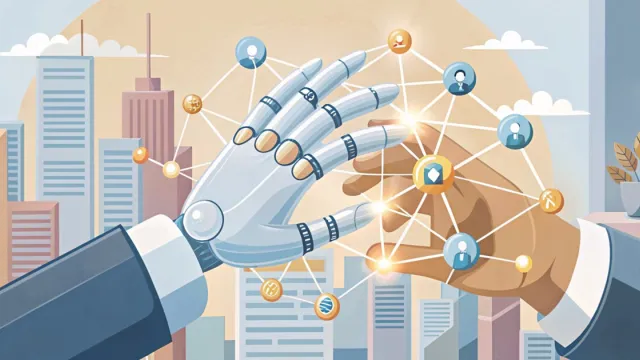 Mano umana e mano robotica che interagiscono con una rete luminosa di nodi connessi
