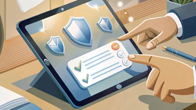 Mano che verifica un badge digitale su tablet in un ambiente minimalista