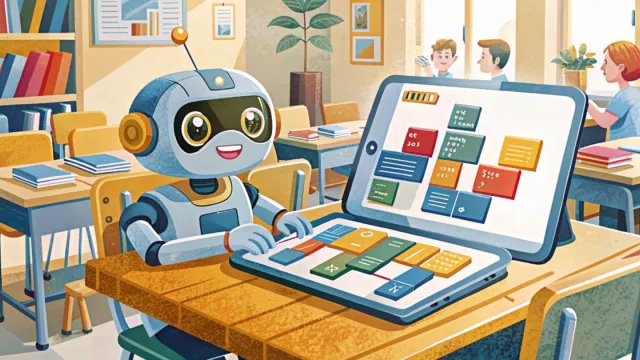 Robot educativo e tablet con codice a blocchi su un banco di classe luminoso