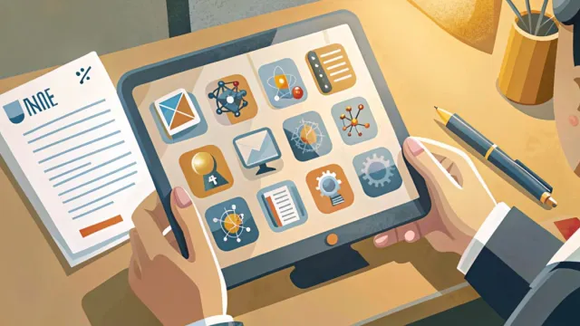 Mani su tablet con icone digitali su scrivania con modulo di iscrizione universitario
