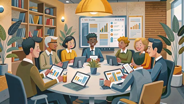 Gruppo di docenti adulti seduti attorno a un tavolo mentre collaborano con tablet digitali