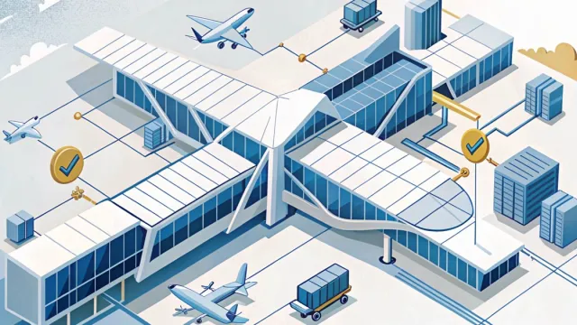 Pianta stilizzata di un terminal aeroportuale sovrapposta a schemi logistici e flussi operativi