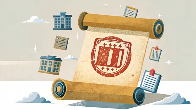 Documento ufficiale con timbro rosso e icone astratte di edifici scolastici