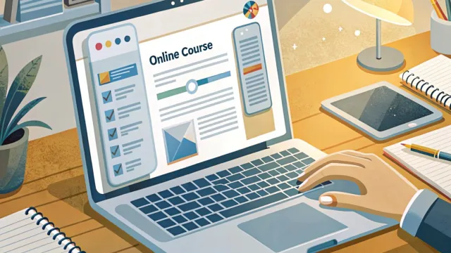 Schermo del laptop con interfaccia di corso online e barra di avanzamento su scrivania luminosa