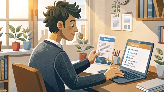Giovane adulto studia un bando di formazione al tavolo con il laptop e una brochure