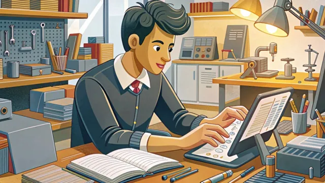 Formatore professionista esamina un tablet con interfacce digitali su un tavolo di laboratorio