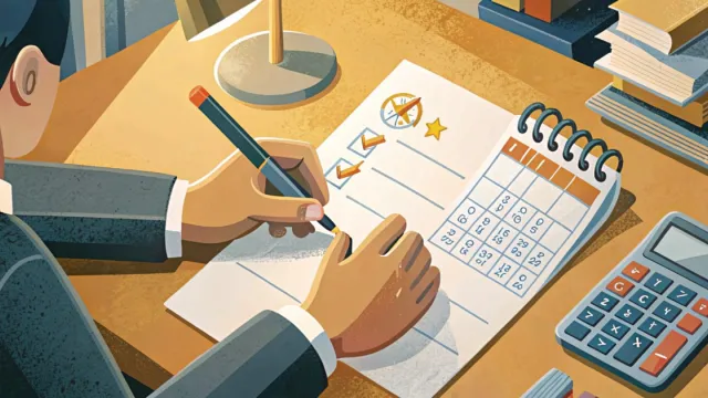 Mani che annotano date chiave su una lista con calendario e bussola sul tavolo di studio