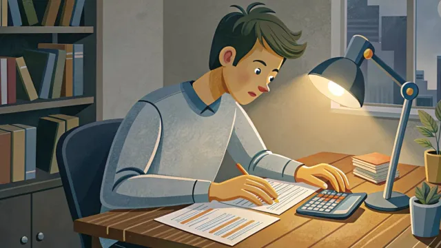 Studente universitario che esamina documenti finanziari e calcolatrice su una scrivania illuminata