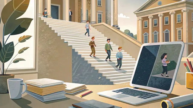 Scala geometrica che da un laptop sale verso un ateneo con colonne, figure in salita