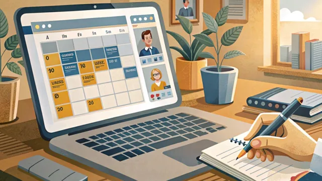 Laptop con calendario digitale di eventi e taccuino con appunti su un tavolo luminoso