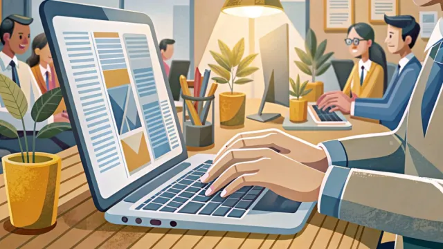 Mani che digitano su un laptop in un ufficio moderno e luminoso