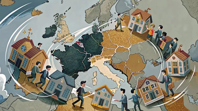 Mappa stilizzata dell'Europa con Francia e Italia e icone di scuole collegate da una catena