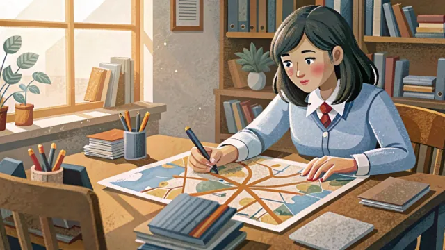 Studentessa seduta a un tavolo mentre osserva una mappa con percorsi ramificati