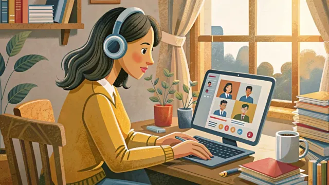 Giovane donna con cuffie segue un webinar da casa al laptop in un ambiente luminoso