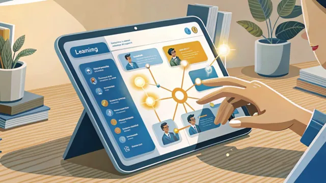 Schermo tablet con interfaccia e-learning e percorso di studio adattivo, mano che interagisce