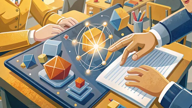 Mani di un docente che interagisce con un'interfaccia digitale STEM e AI su un tavolo in classe