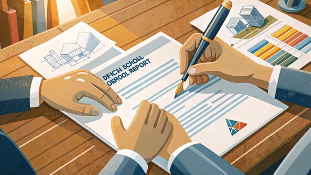 Mani che timbrano un documento ufficiale di rendicontazione su una scrivania con grafici