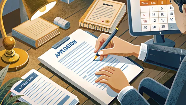 Mani che compilano un modulo di candidatura su una scrivania con certificato e tablet