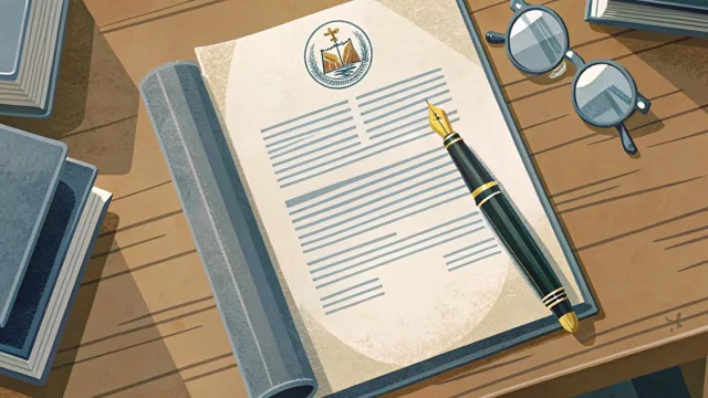 Documento legislativo e penna stilografica su un tavolo di legno in una luce naturale