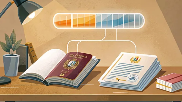 Passaporto e certificato di studi su un tavolo con barra di progresso digitale luminosa