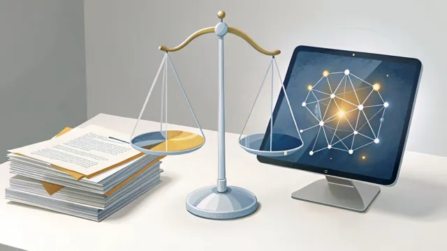 Bilancia in equilibrio tra documenti normativi e tablet con rete di intelligenza artificiale