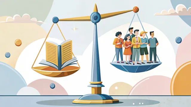 Composizione astratta con bilancia, libro e figure umane stilizzate su sfondo color pastello