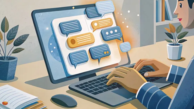 Mano di una studentessa che digita su un laptop con interfaccia di chat AI, luce soffusa