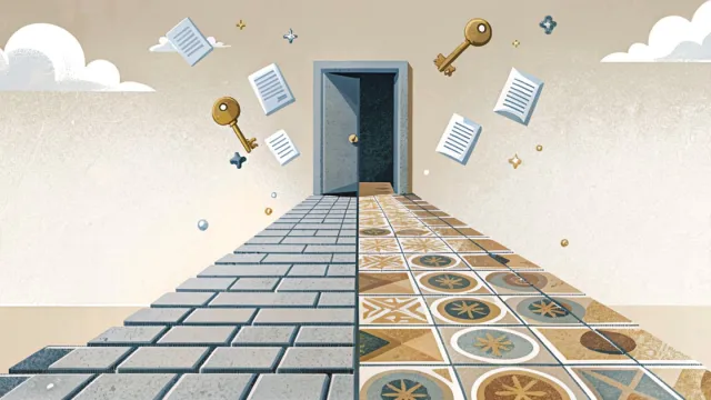 Due percorsi divergenti che convergono verso un'apertura, con forme sospese in un ambiente astratto