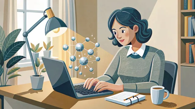 Professionista giovane al lavoro su laptop con interfacce digitali astratte in ambiente luminoso.