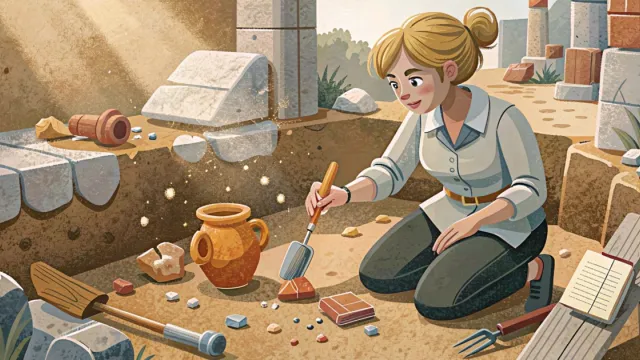 Giovane archeologa al lavoro in uno scavo a Pompei con pennello e trowel