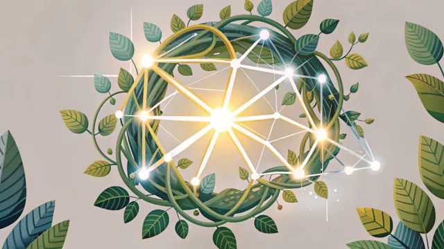 Rete neurale digitale che si intreccia con foglie verdi in un ambiente astratto