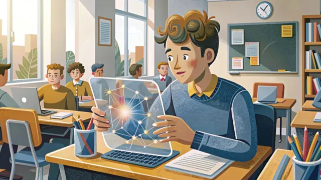 Studente universitario con un'interfaccia digitale trasparente e una rete neurale luminosa