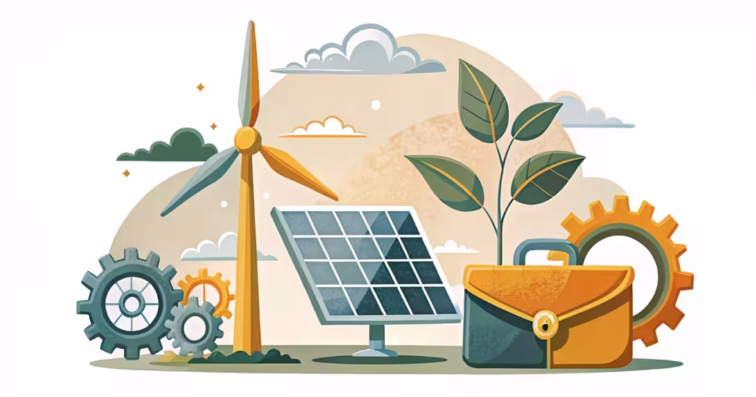 Illustrazione stilizzata di pannelli solari, turbina eolica e pianta che simboleggiano le nuove professioni della green economy