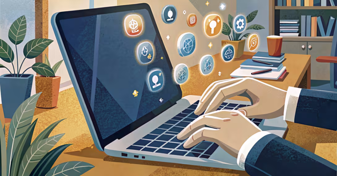 Mani che digitano su un laptop con icone luminose di competenze digitali in un ufficio moderno