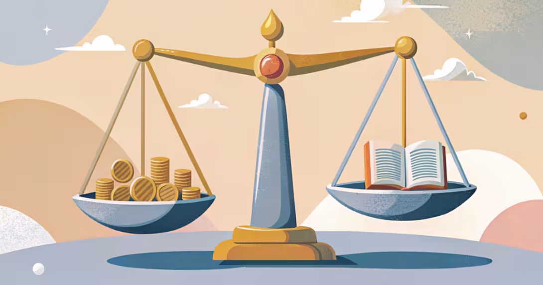 Bilancia stilizzata con monete e libro a rappresentare costi e valore educativo