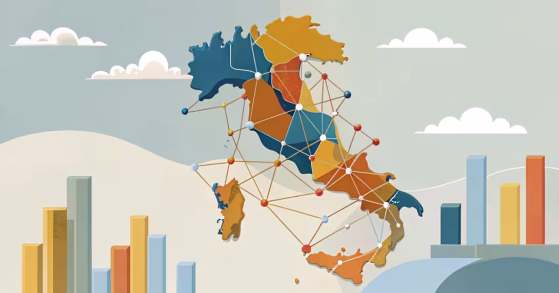 Mappa stilizzata dell'Italia con nodi e linee che collegano le regioni, illustrazione piatta