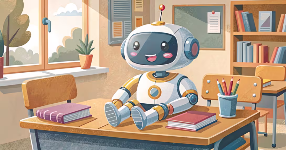 Robot educativo stilizzato su un banco di scuola in un'aula luminosa