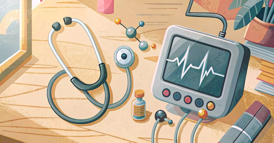 Stetoscopio e monitor con tracciato cardiaco su un tavolo di lavoro clinico, palette risografica