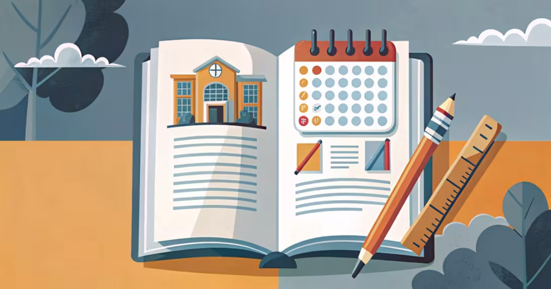 Illustrazione stilizzata di un documento ufficiale, un edificio scolastico e un calendario che simboleggiano le nuove Indicazioni Nazionali 2026 per la scuola