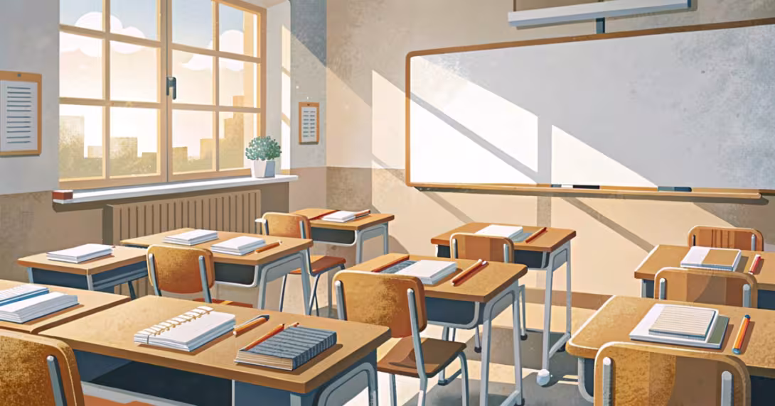 Aula luminosa al mattino con banchi ordinati e grande finestra in una scuola secondaria moderna