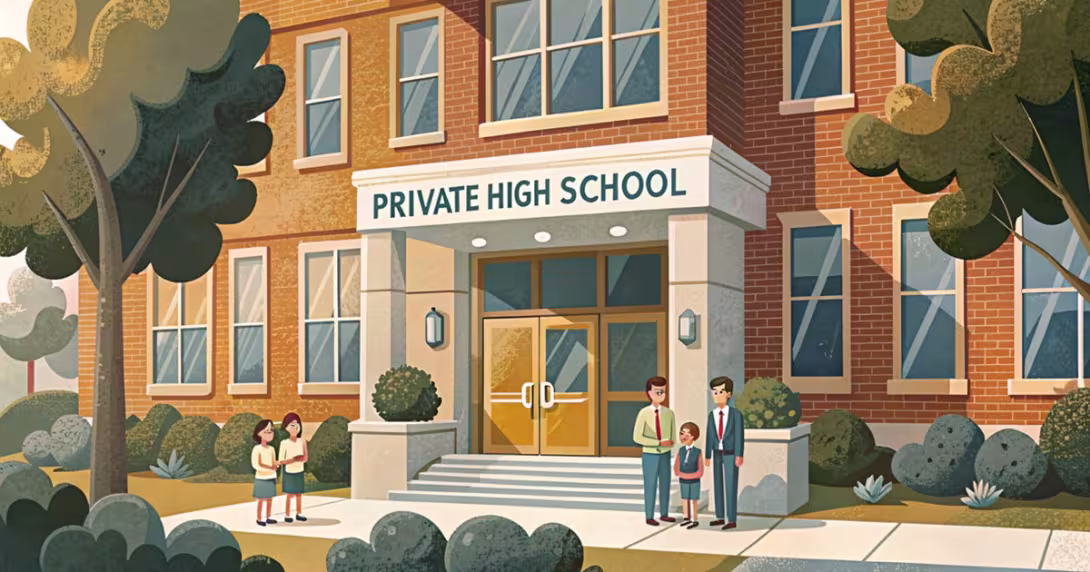 Facciata di una scuola privata con genitori e studenti all'ingresso, luce del mattino