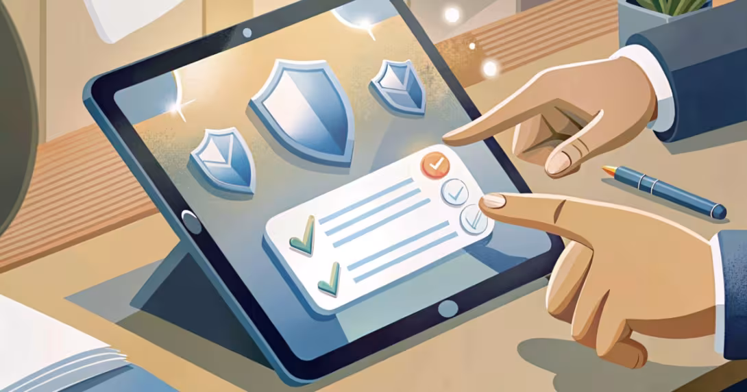 Mano che verifica un badge digitale su tablet in un ambiente minimalista